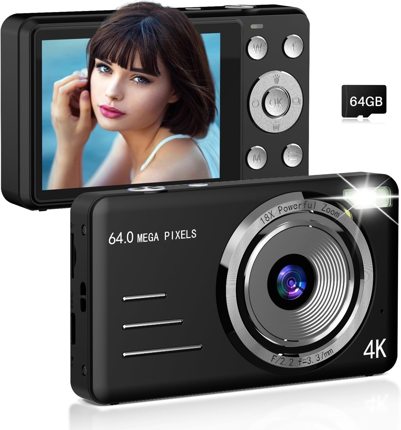 Digital Cameras FHD 4K 64MP Point and Shoot with 64GB Card 18X Zoom Kids Gift