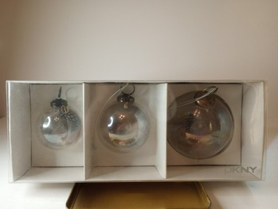 DKNY NIB Feathers In Iridescent Clear Glass Ornament - Set Of Three - 2-3-4 Inch
