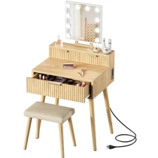 BOLUO Small Vanity Desk with Hollywood Mirror and Lights, Girls Vanity with S...