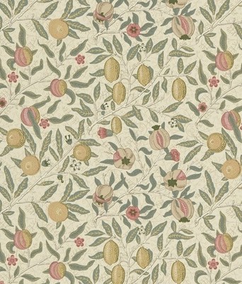 Morris Curtain Fabric 'FRUIT FABRIC - IVORY/TEAL' 2 METRES (200cm) 100% COTTON