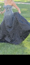 Strapless beaded ballgown prom dress black silver satin long formal
