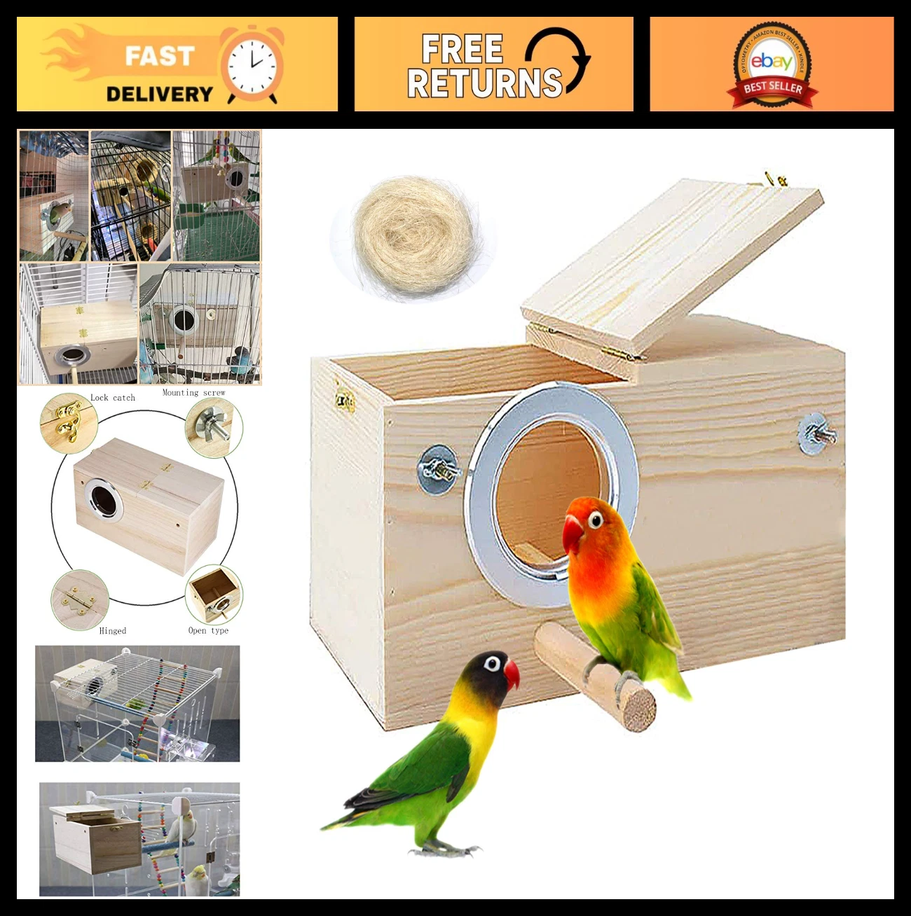 Wooden Bird Nesting Box for Parakeets, Lovebirds, Cockatoos & Finches - Large