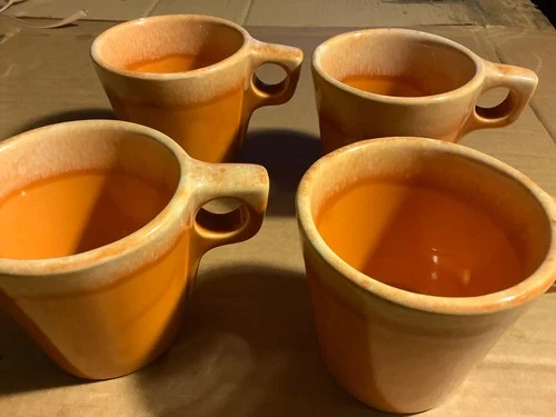 Lot of Four Hull Tangerine Orange Drip Edge Glazed Coffee Cups Mugs Stoneware