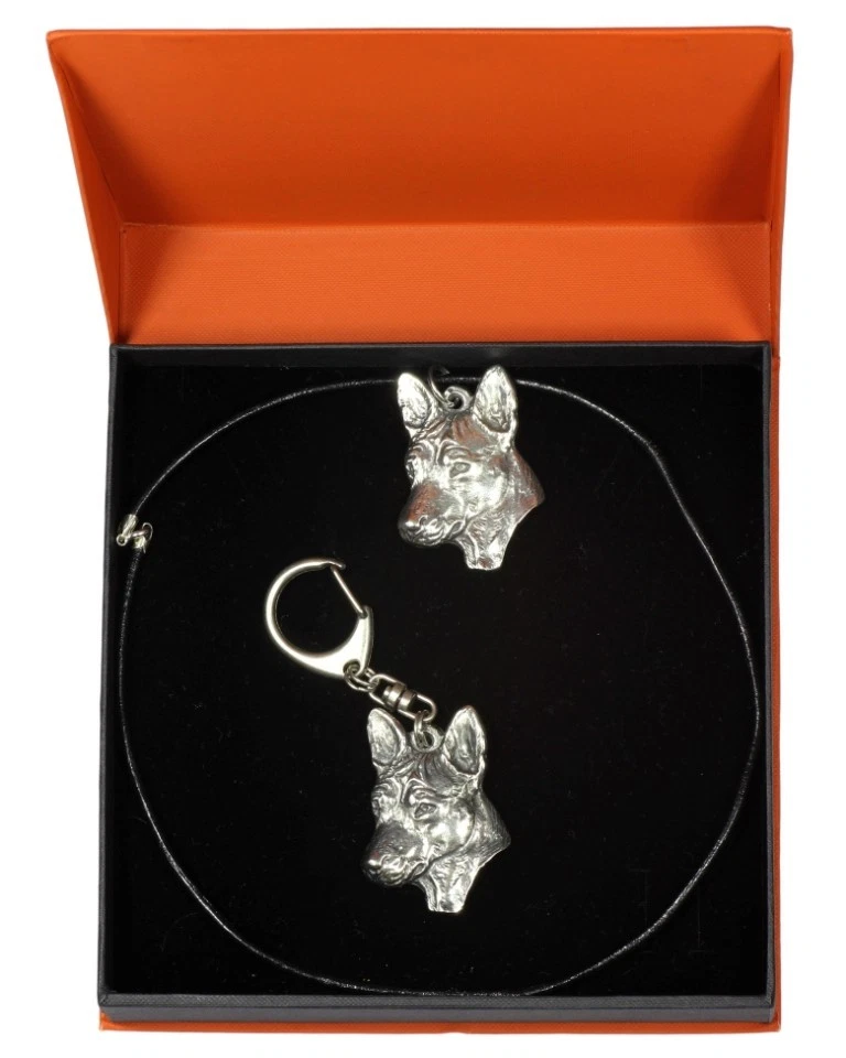 Basenji   necklace, keyring, set with a dog in orange box, Art Dog USA