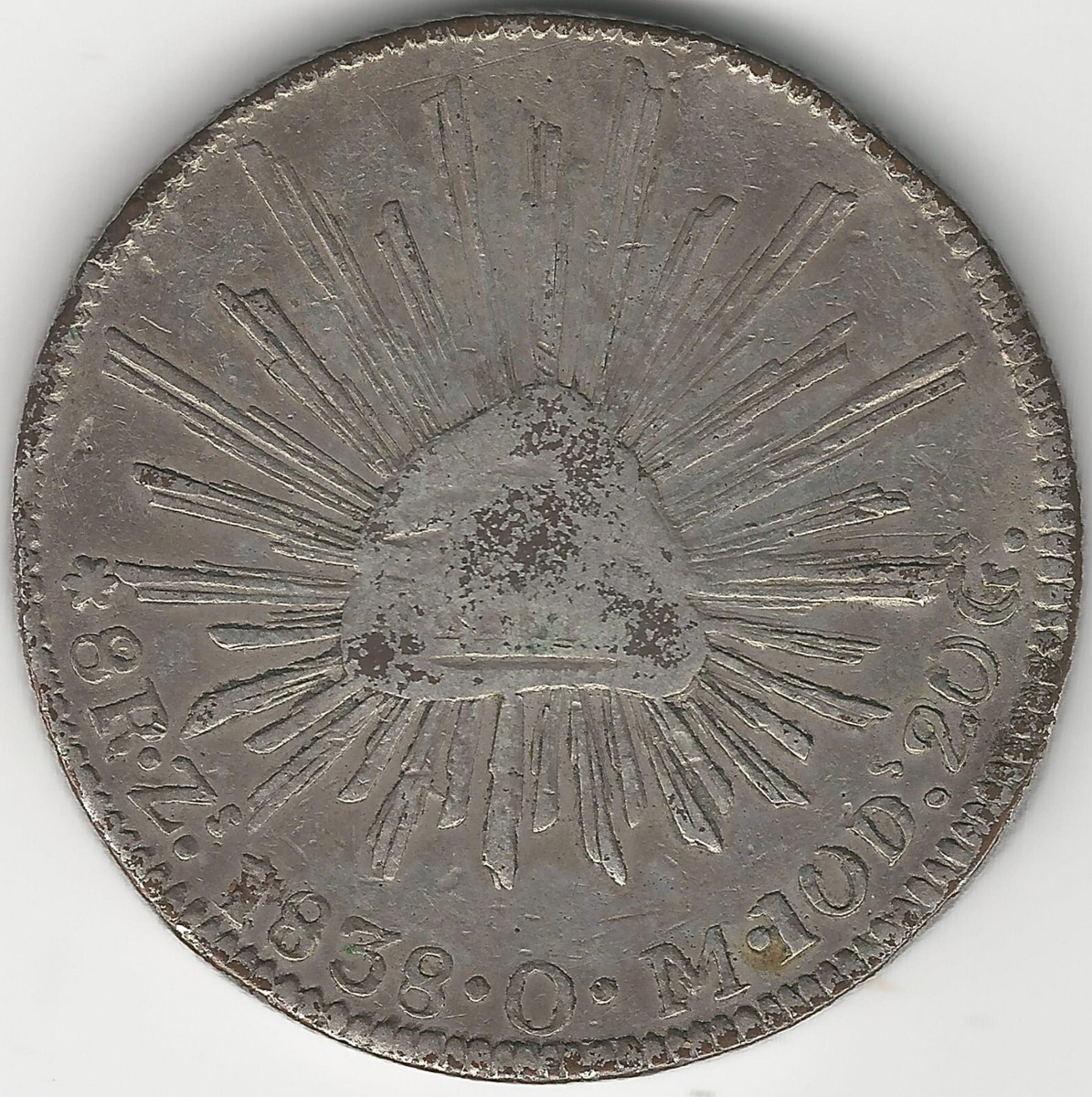 Mexican Cap and Ray Silver 8 Reales -- 1838 O.M. Zs (Zacatecus