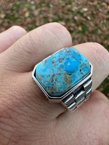 Mens Real Solid 925 Silver Blue Turquoise Natural Native American Gemstone Ring - Picture 4 of 21