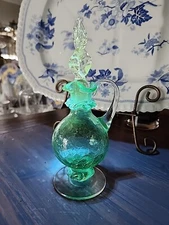 Exquisite Vintage Hand Blown Crackled Glass Cruet With Stopper GLOWS