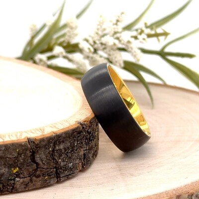 8mm Black & Gold Tungsten Engraved Ring Brushed Step Edges Christmas Gifts Band