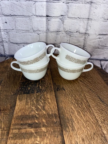 Vintage Pyrex Woodland Brown Floral Milk Glass Coffee/Tea Cups Set of 4