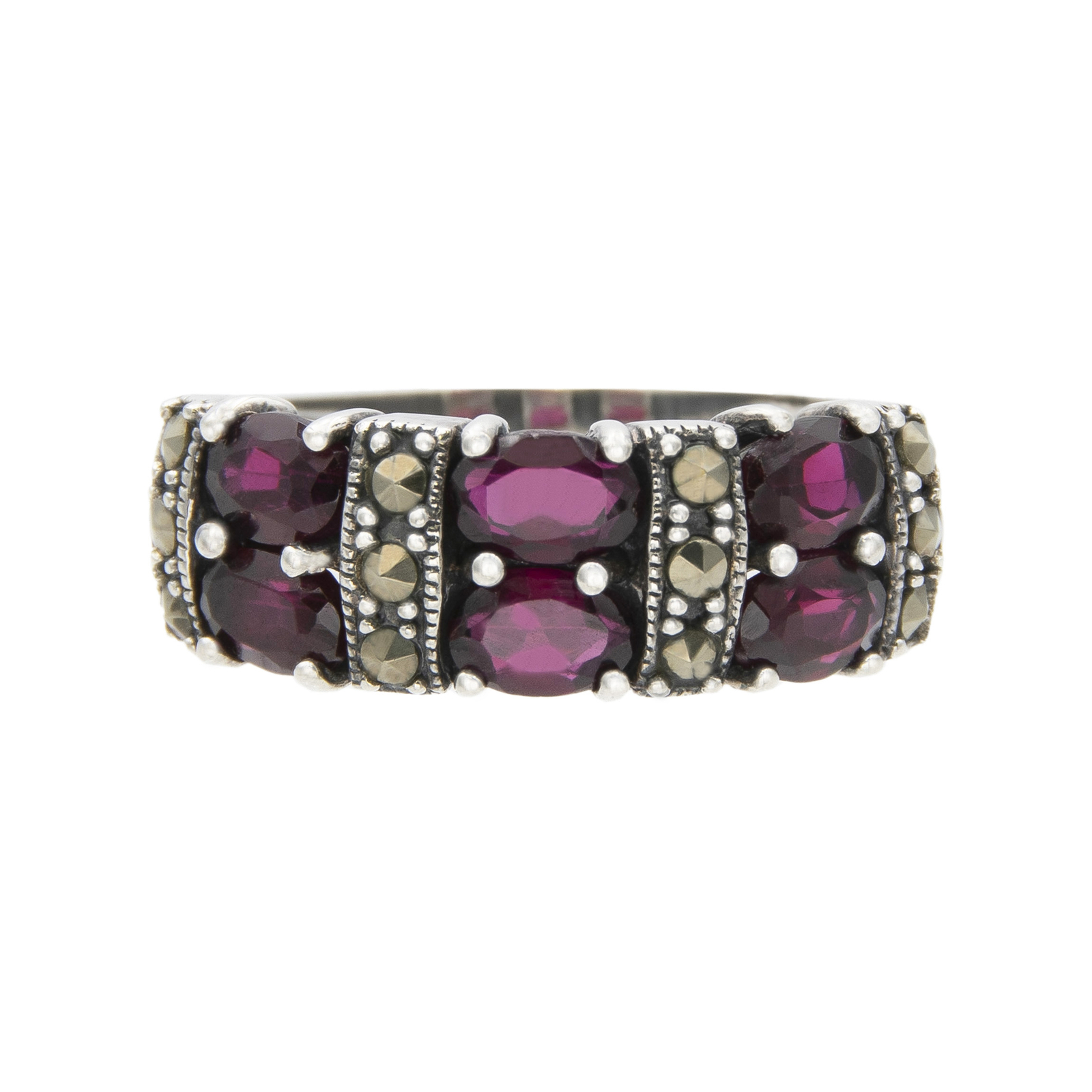Sterling Silver Red Garnet and Marcasite Statement Ring, Size 7