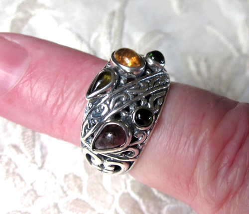 Anillo artesanal multiturmalina / talla 7 / plata esterlina 925 / 1,55 quilates, 7,3 g - Imagen 2 de 6