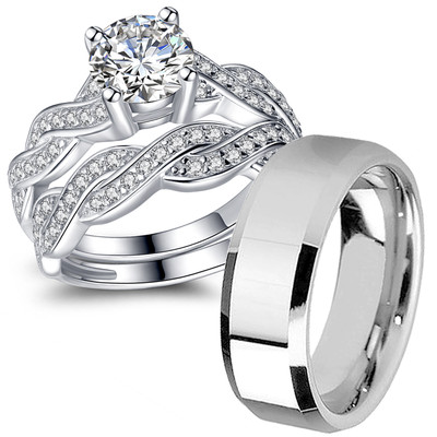 His Hers Sterling Silver CZ Infinity Couple Wedding Engagement Rings Band  Set