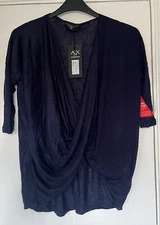 New. Ax Pairs. Navy Thin Knitted Casual Drape Twisted Front Top - Size 10