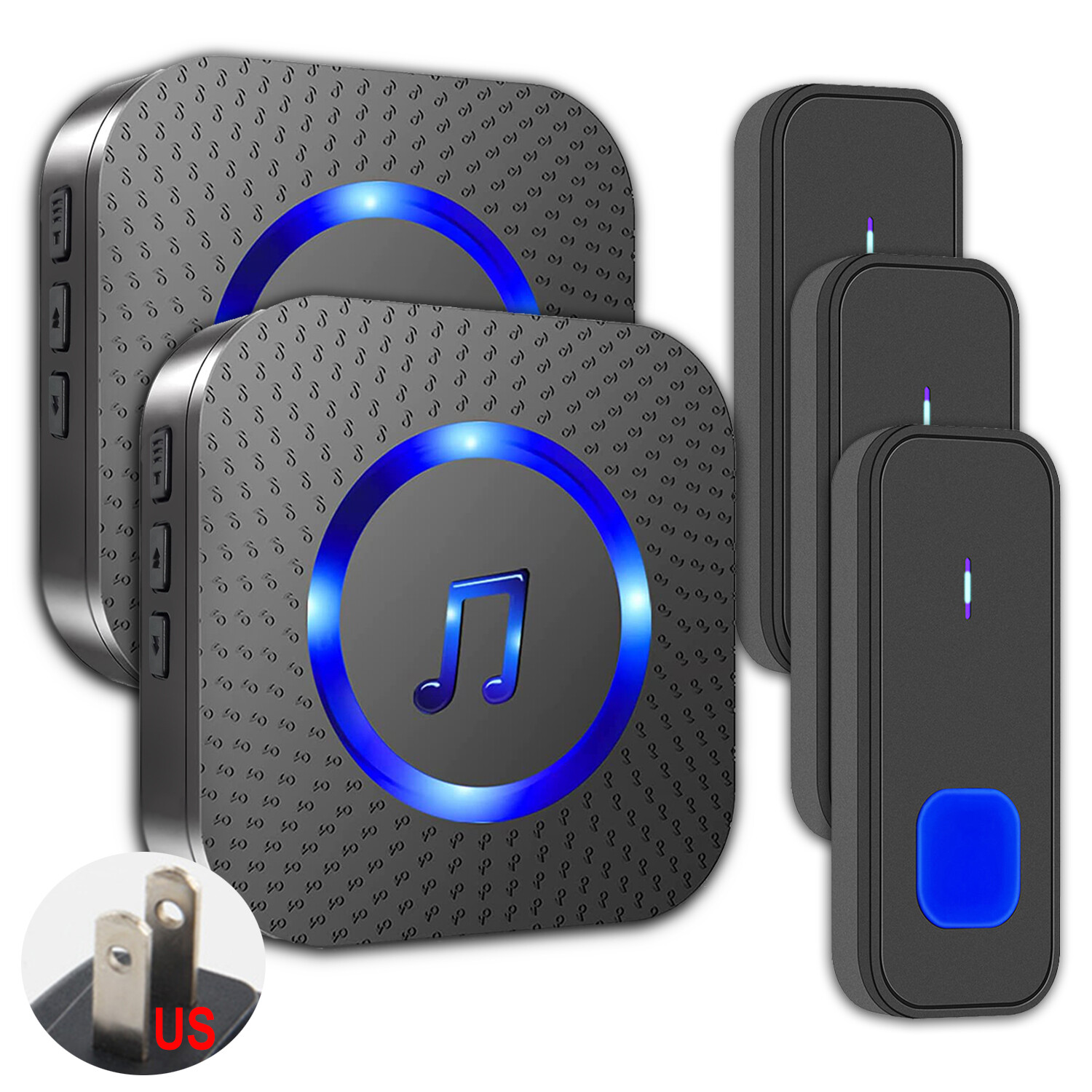 Wireless Doorbell Cordless Pager 3 Buttons + 2 Doorbell Receivers Black-image