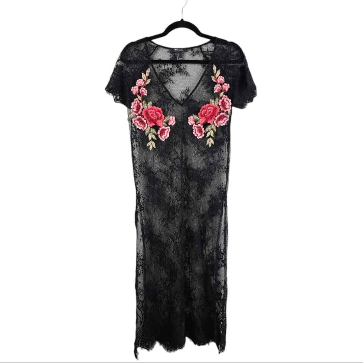 Floral Embroidery Sheer Mesh Black Lace Dress Floral Embroidery Sheer Mesh Black Lace Dress