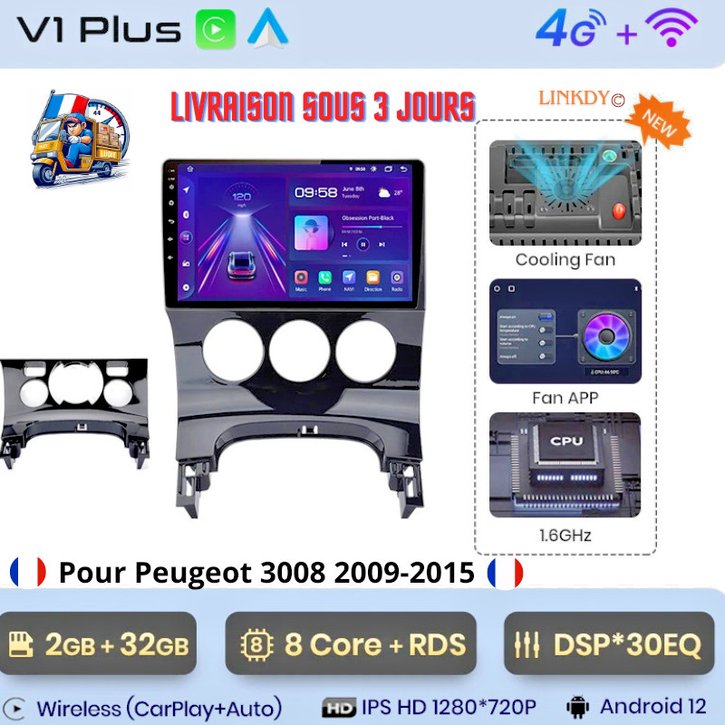 Autoradio Android Peugeot 3008 de 2009 à 2015 avec CarPlay sans fil