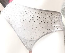 Victorias secret Rare Vintage M L Silver Rhinestone Satin Shine Thong Panty