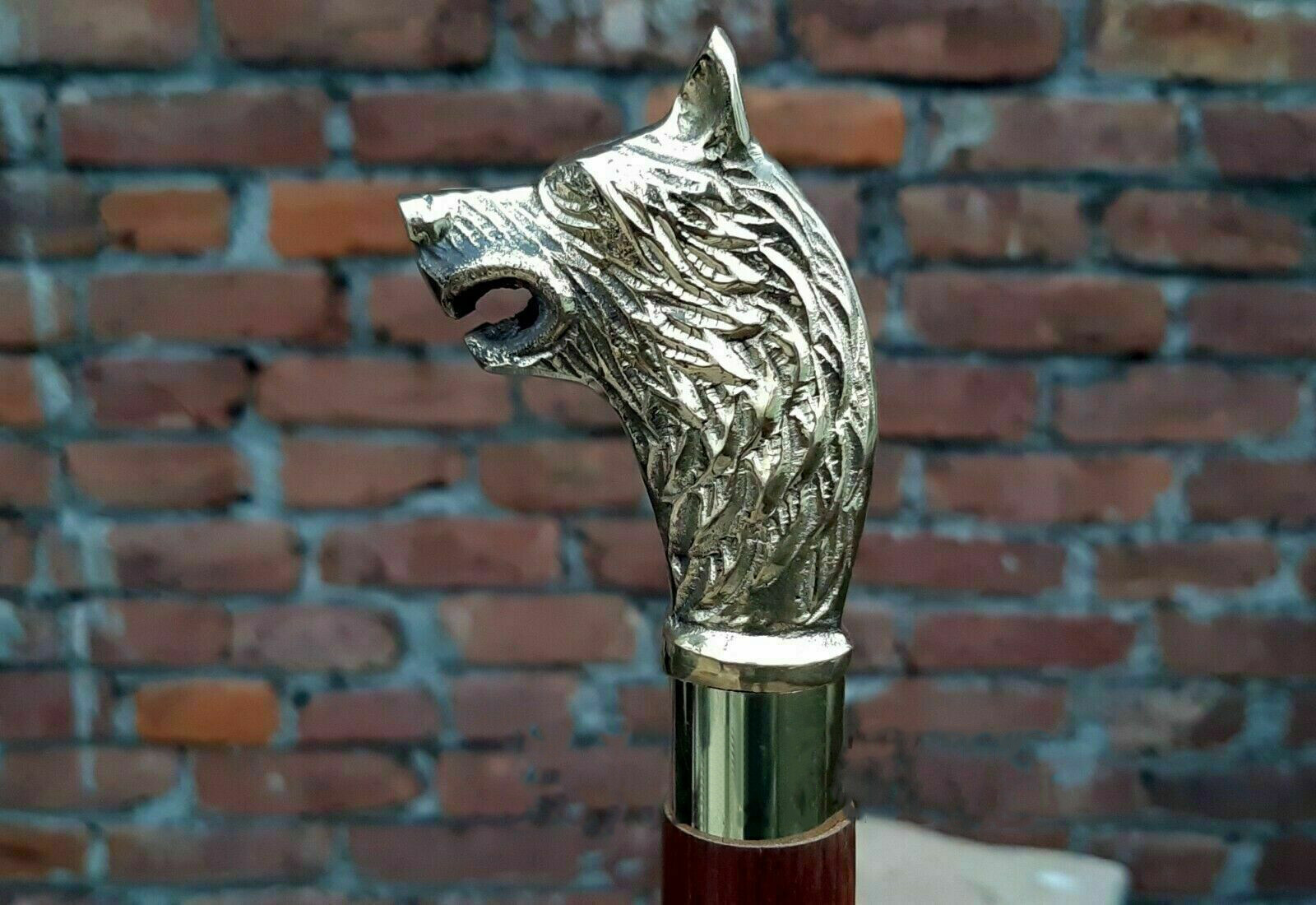 Victorian Cane Walking Stick Solid Brass Wolf Hea… - image 2