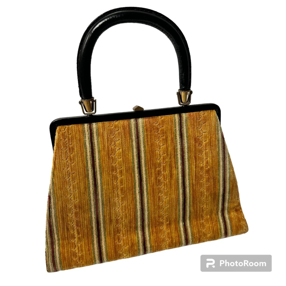 Vtg 60's Mel Ton MoD IRRIDECENT GOLD Stripe Hand Bag CARPET Purse VELVET Satchel - Image 2 of 4