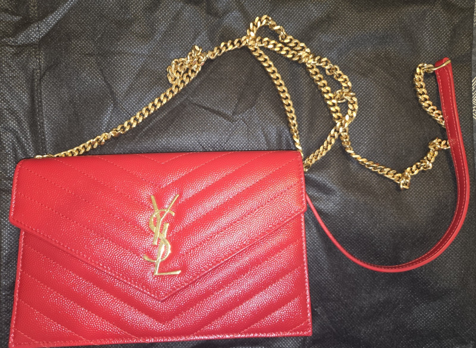 Yves Saint Laurent YSL Red Grain De Poudre Envelope Wallet On A Chain image 7