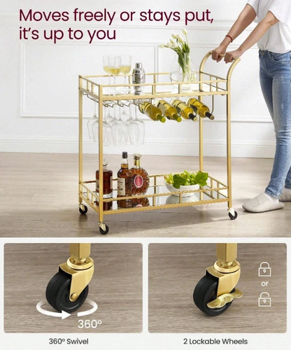 Drinks Trolley, Bar Cart, Serving Trolley With 2 Mirrored Shelves, Wine Holders, - Picture 8 of 10