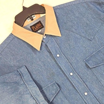 Plains Denim Snap-Up Shirt Mens X-Large Long Sleeve Blue Plaid
