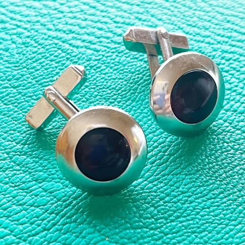 SWANK Cufflinks Silver Tone Garnet Red Cabochon Bullet Signed Classic Vintage - Picture 2 of 5