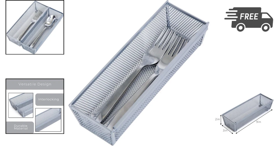 Drawer Organizer Steel Mesh Silver Kitchen Utensil Silverware Storage Tray - Image 2 of 4