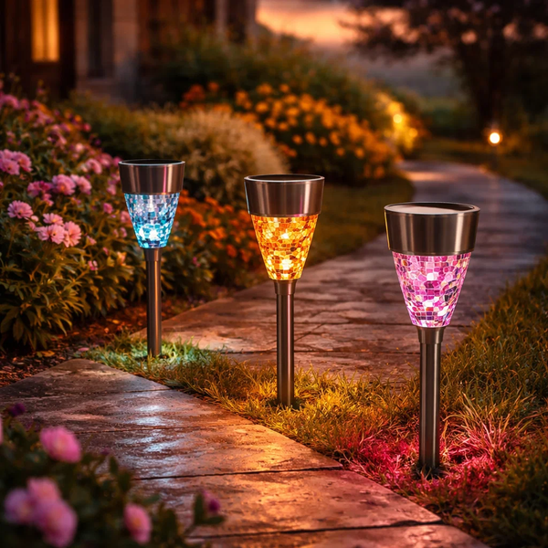 3Er Set Solarlampe LED Solarleuchte Mosaik Mit Erdspieß Gartenleuchte Gartenlamp-image