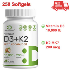 Vitamin D3 10,000 IU  K2 MK7 200mcg Softgels 250 Count with Virgin Coconut Oil