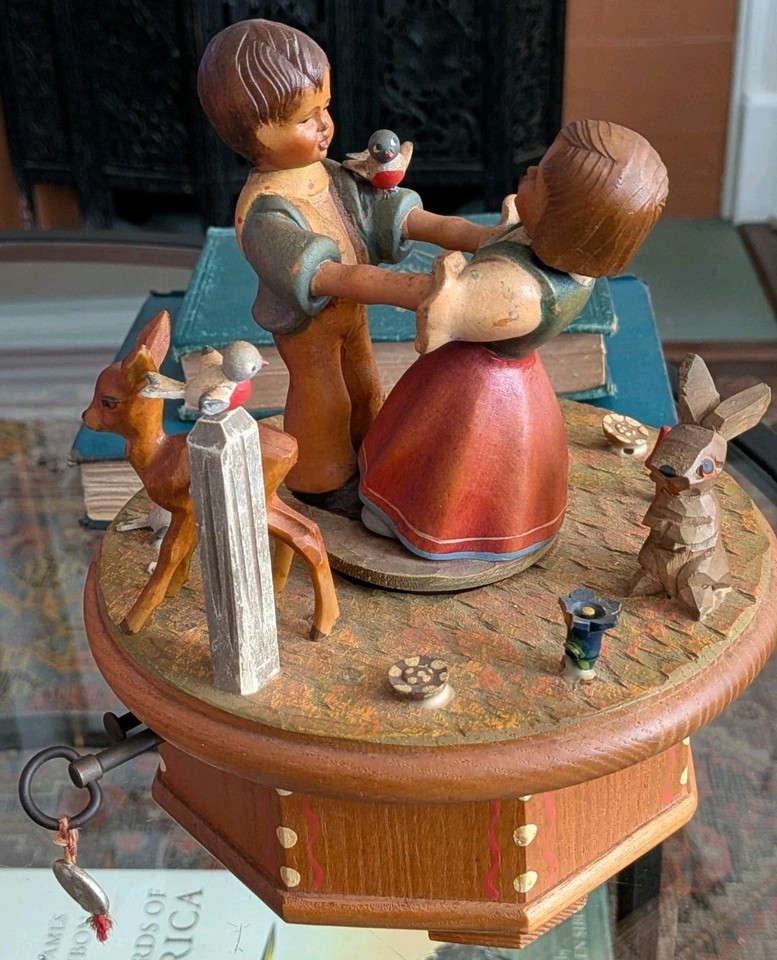 A working Swiss Thorens movement inside an ANRI hand-carved Italian woodcraft box — two of the most revered names in vintage music boxes fused into one romantic piece.