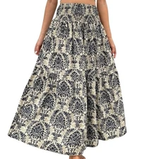 Maxi Skirt Cottagecore Boho Floral Large Smocked Waist Beach Vacation Flowy Blue