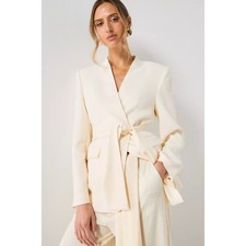 MANGO Suit Blazer Collarless Modern Minimalist Belted Jacket Cream White, Size M