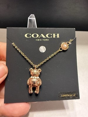 NEW COACH 3D Teddy Bear charm necklace Rose Gold Logo Pearl Adjustable 16 +2 