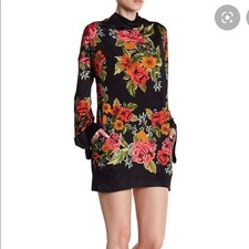 FREE PEOPLE Black Long Sleeve Mini 2AM Mock Neck Red Floral Dress Size XSmall