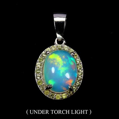 925 Sterling Silver Pendant Oval Fire Opal 10x8mm Sapphire No USA Import Fees