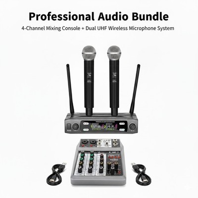 Professional Audio Bundle: 4-Channel Mixing Console + Wireless Microphones set