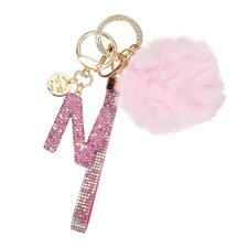 Initial Letter N Keychain with Pom and Rhinestone Wristlet, Pink
