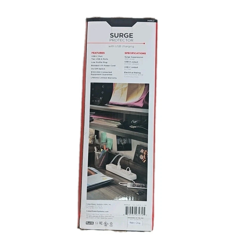 Cyber Power 5 ft. 2 USB-A, 1 USB-C 1500J 4-Outlet Surge Protector P405UC - Image 2 of 2