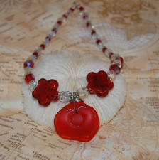 Wire Wrapped Red Faux Sea Glass Necklace 17" Handmade Beaded Jewelry