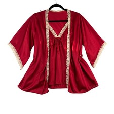 Vintage Undercover Wear Cami Robe Set Satin Lace Women Small Nylon USA Red Cream