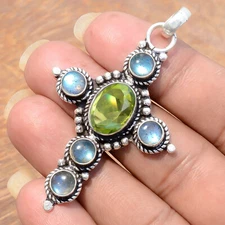 Fire Labradorite Faceted Peridot Gemstone 925 Sterling Silver Minimalist Cross