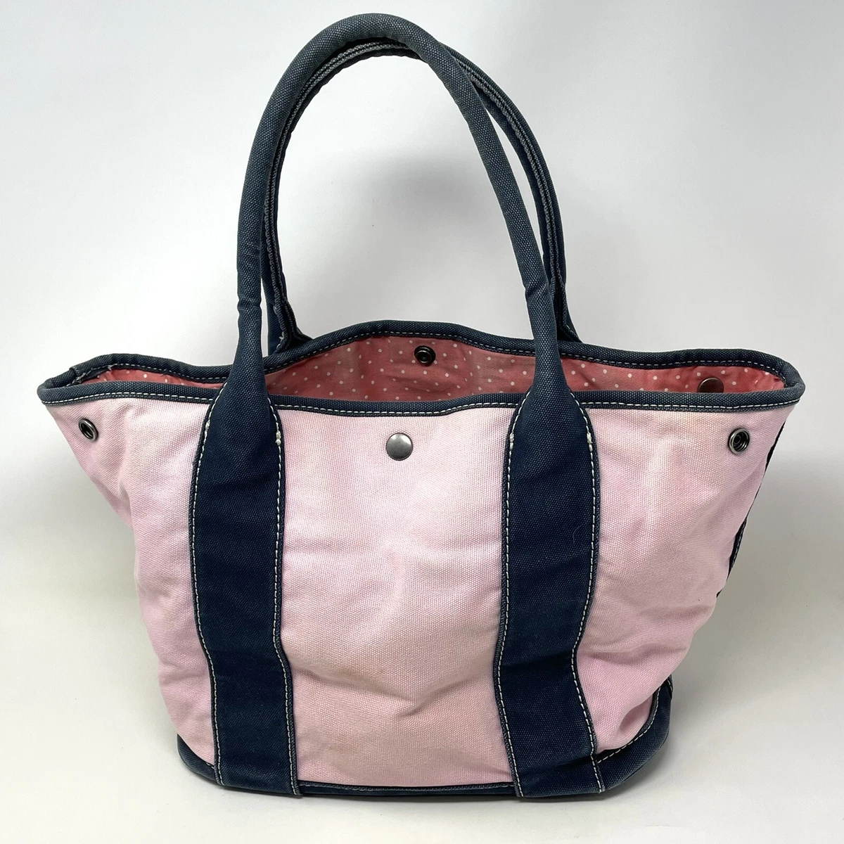J Crew Canvas Tote Bag Pink Navy Trim 12
