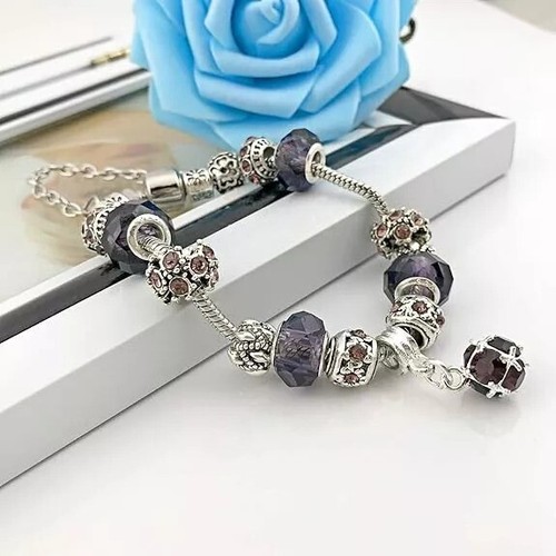 SILVER BRACELET WITH CRYSTAL HEART AND LOVE EUROPEAN CHARMS - Picture 4 of 7