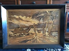 Antique Marquetry Fisher Men Figures Boats Palm Tree Scene Wooden Wall Folk Art