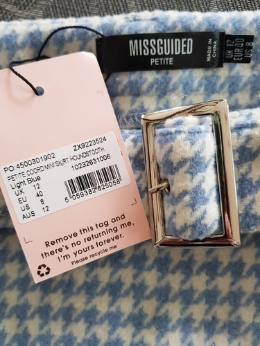 Missguided Skirt Petite Uk 12 us 8 Houndstooth Mini Belted Blue Cream Woollen