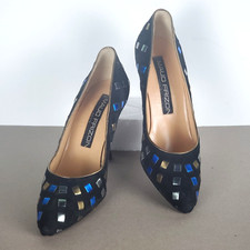 35.5 EU Maud Frizon Black Suede Pump Metallic Multicolor Wove Ribbon 3in Heel