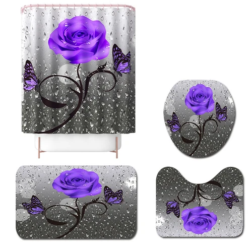 4Pcs/Set Butterfly Rose Waterproof Shower Curtain Toilet Lid Cover Bathroom Mat - Bild 12 von 36