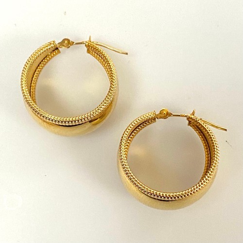 v002 Orecchini a cerchio conici fantasia oro giallo 14 carati classici vintage - Foto 4 di 5
