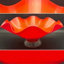 Dichroic Glass Orange Cherry Blown Ruffled Pedestal Center Bowl Made in USA 14"d